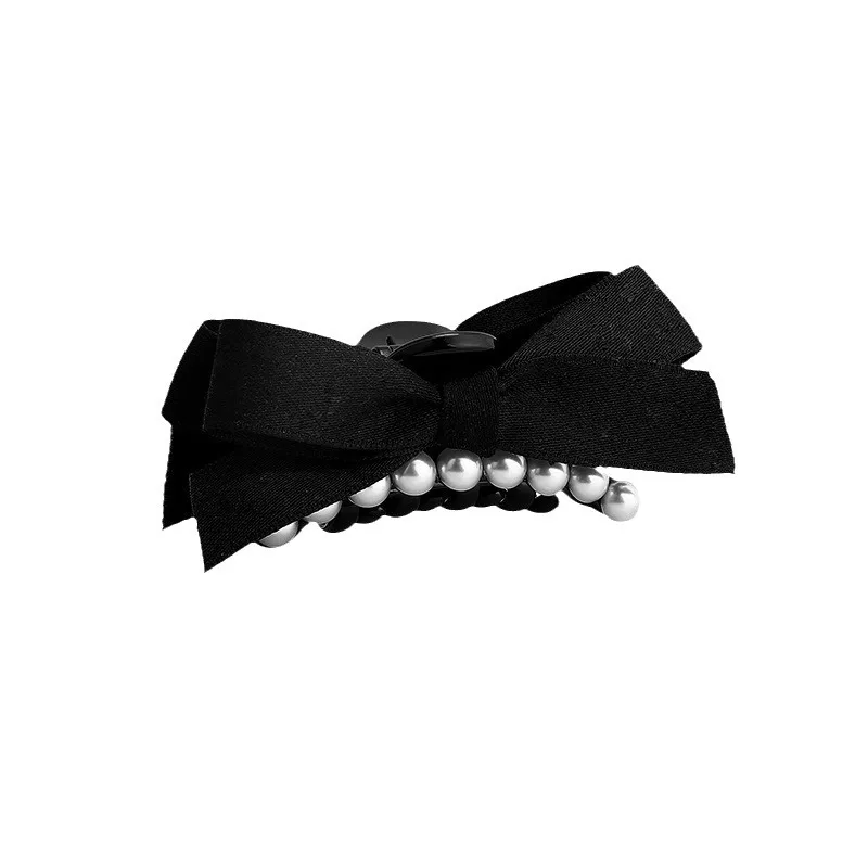 AISHG Korean Pearl Black Bow Hairpin for Women Temperament Design Sense Shark Clip Fashion Versatile Hair Accessories