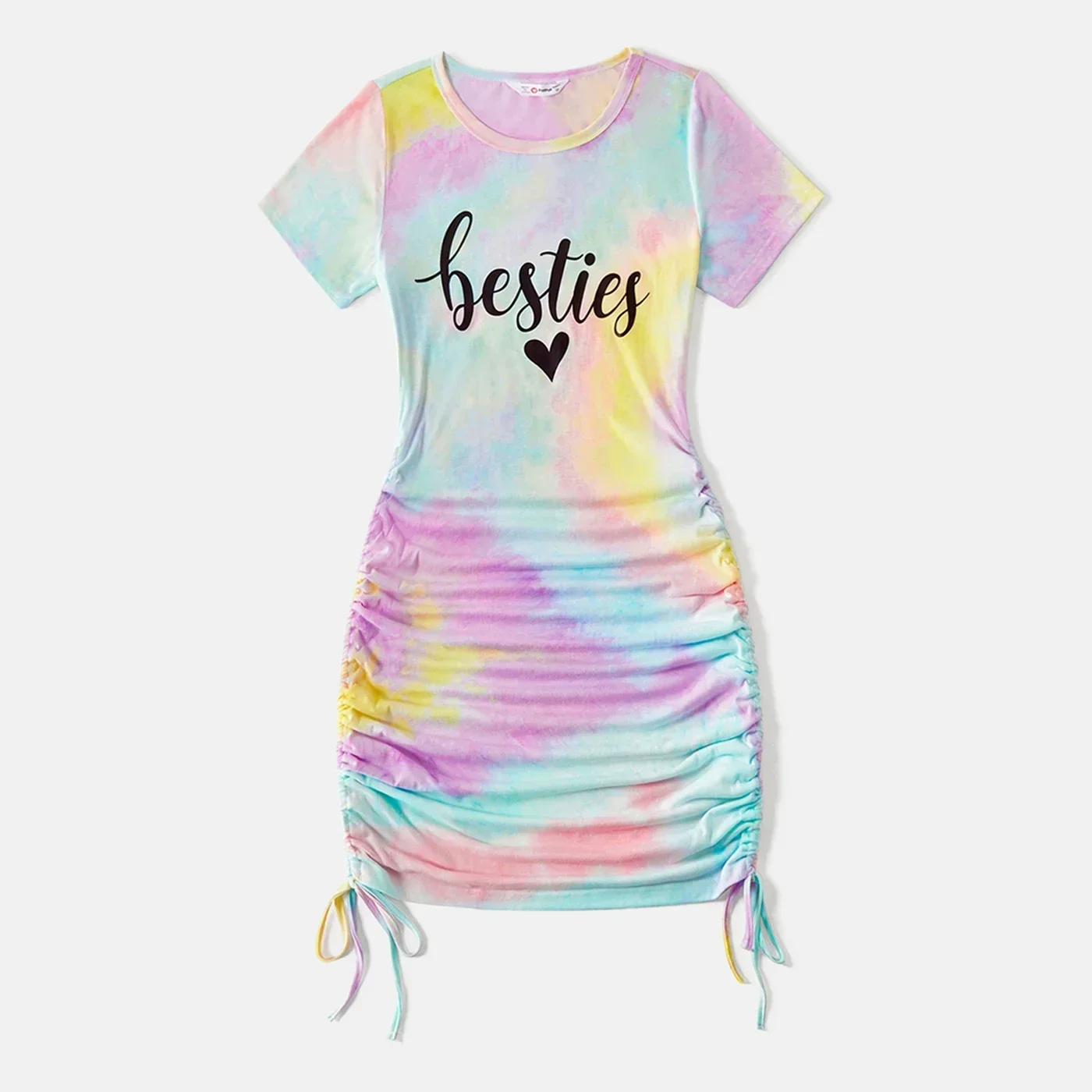 PatPat Mommy and Me 95% Cotton Short-sleeve Letter Print Tie Dye Drawstring Ruched Bodycon T-shirt Dresses  Casual/Outdoor