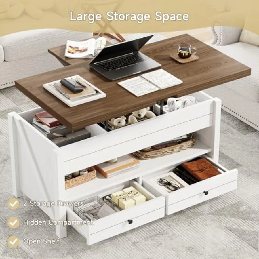 Farmhouse Lift Top Coffee Table with 2 Storage Drawers Rustic Center Table with Large Hidden Storage Compartment Coffee Table C