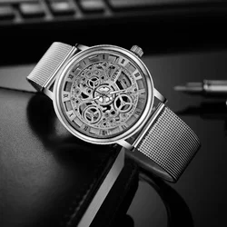 New Fashion Woman Watches Hollow Skeleton Couple Wristwatch Stainless Steel Mesh Belt Quartz Watches Relojes De Mujer Часы