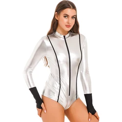 Womens Sexy Astronaut Space Uniform Halloween Cosplay Costume Metallic Shiny manica lunga Zipper body Catsuit Party Clubwear