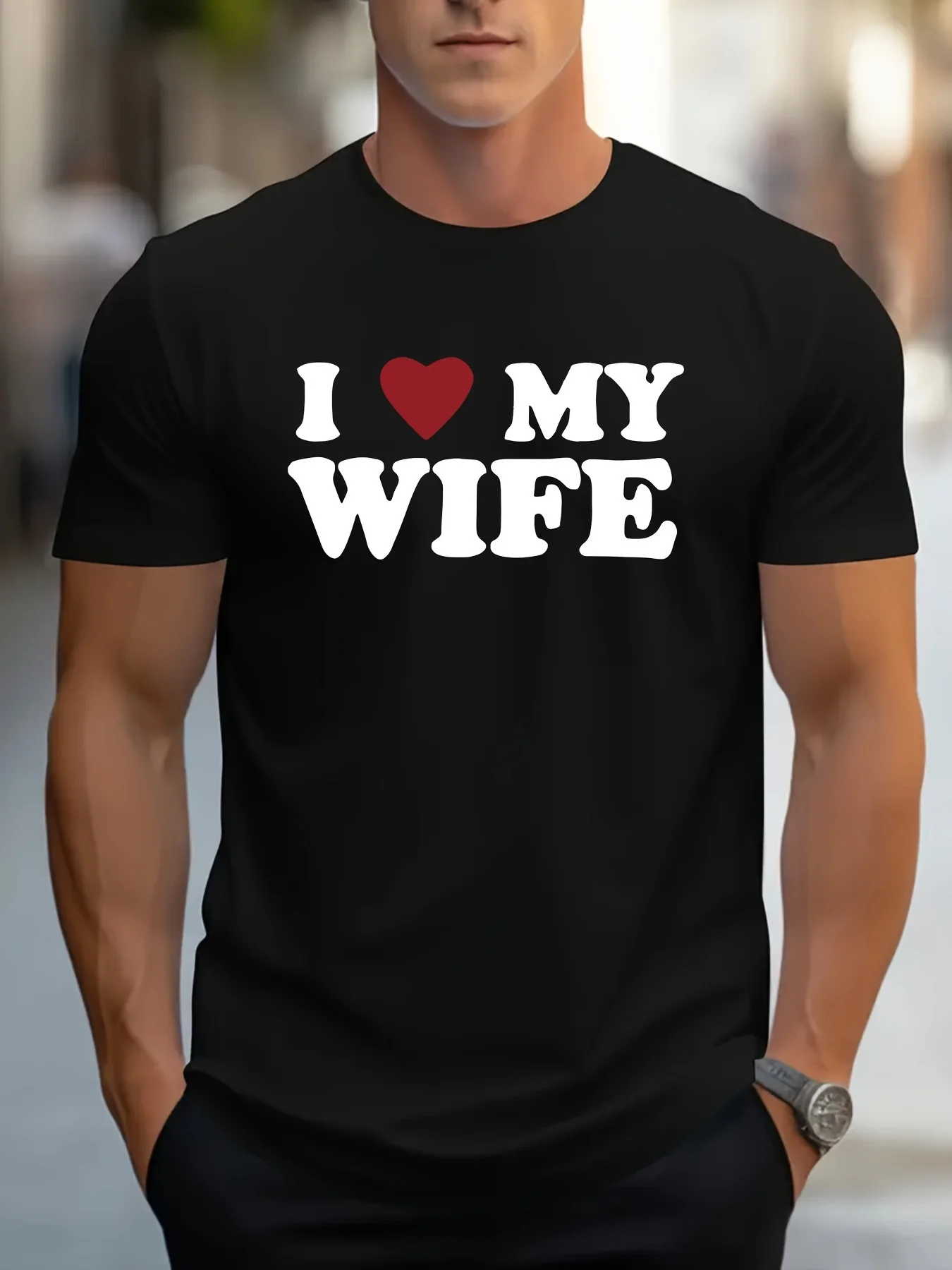 Creative Printed T-Shirt for Men with 'I Love My Wife' Design, Round Neck, Short Sleeves, Casual Wear, Versatile Top for Spring And Summer, Trendy Streetwear