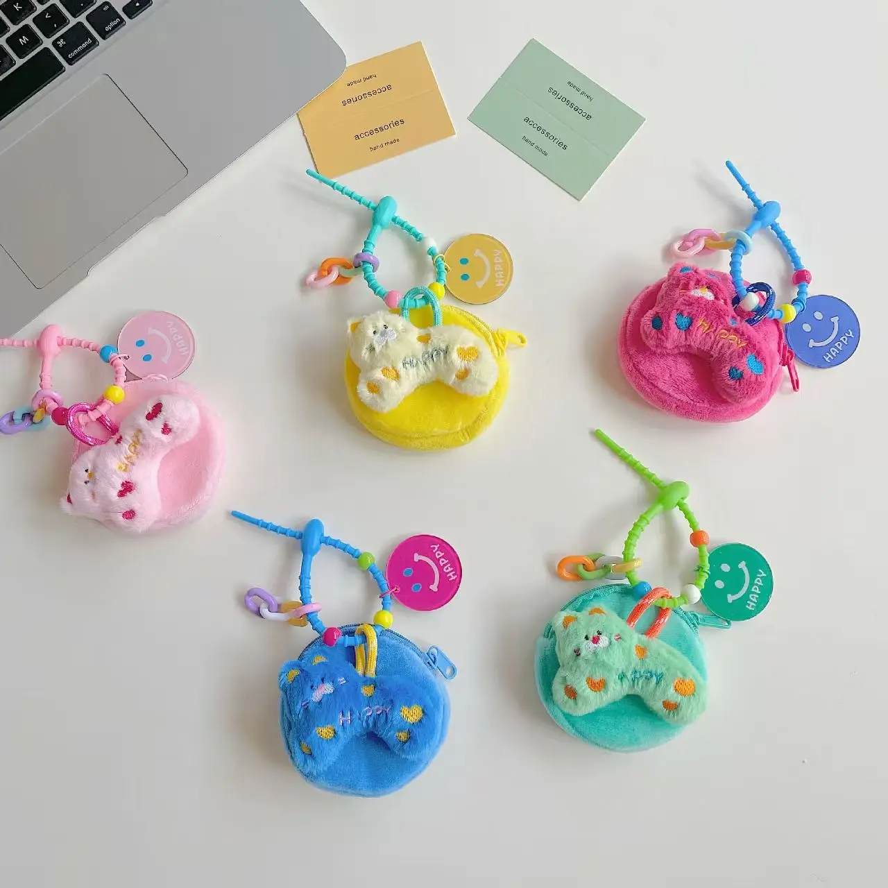 1pc Earphone money pouch, canvas hole bag, pendant plush cat zipper pouch hanging strap