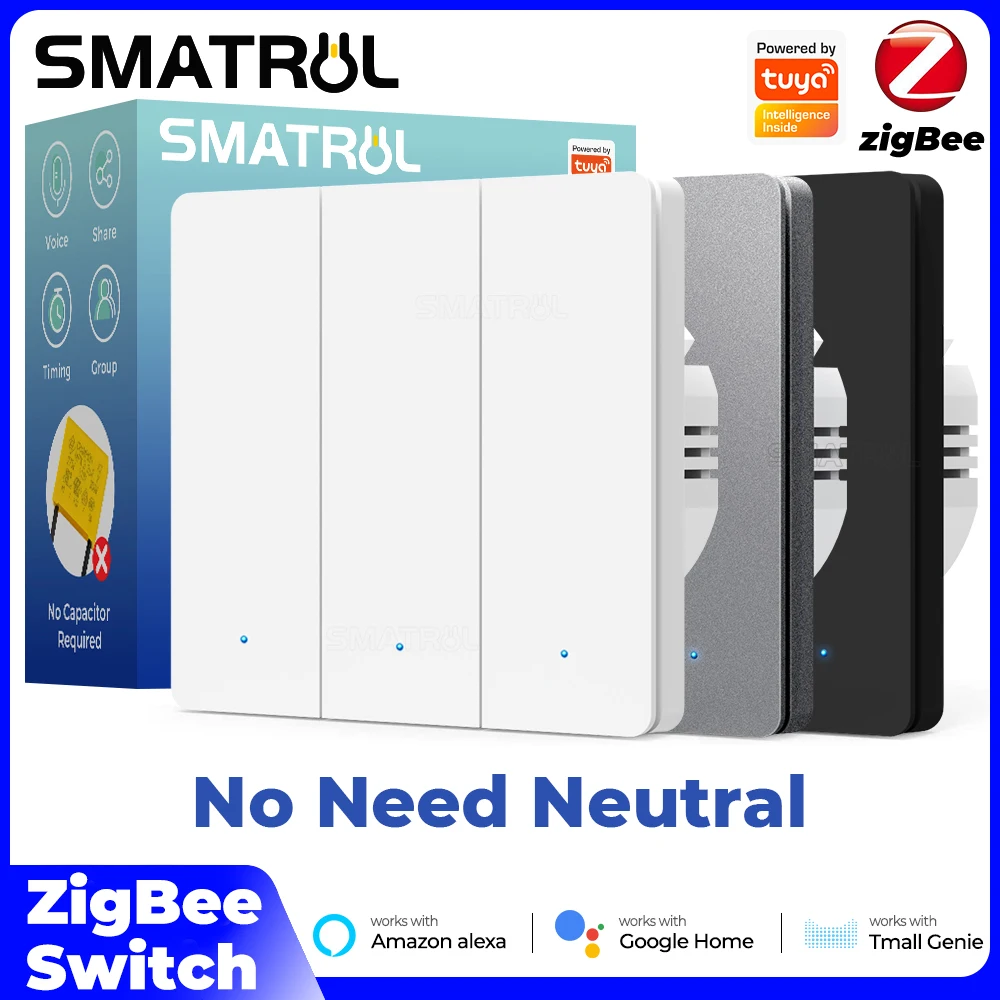 

Умный выключатель света Zigbee Tuya без нейтрального провода, конденсатор, настенный выключатель европейского стандарта, голосовой пульт дистанционного управления, работает с Alexa Google Home