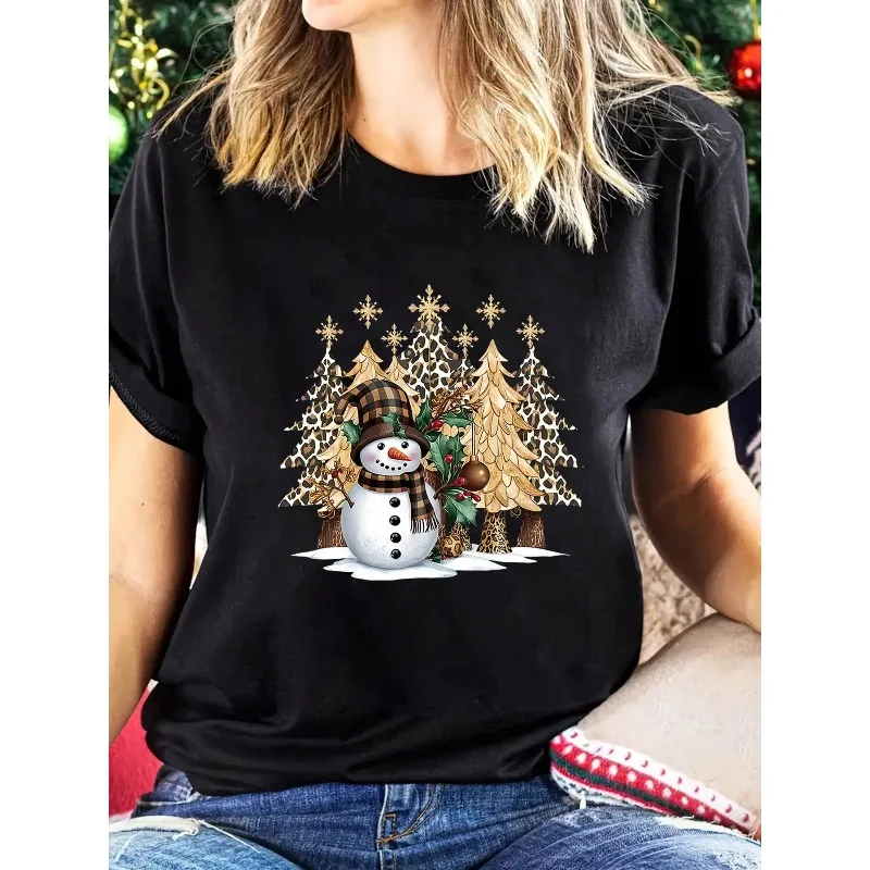 

Ladies' Christmas Tree Printed T-shirt Round Neck Casual Top Gold/Green Checkered Snowman&Pine Tree All Seasons T-shirt