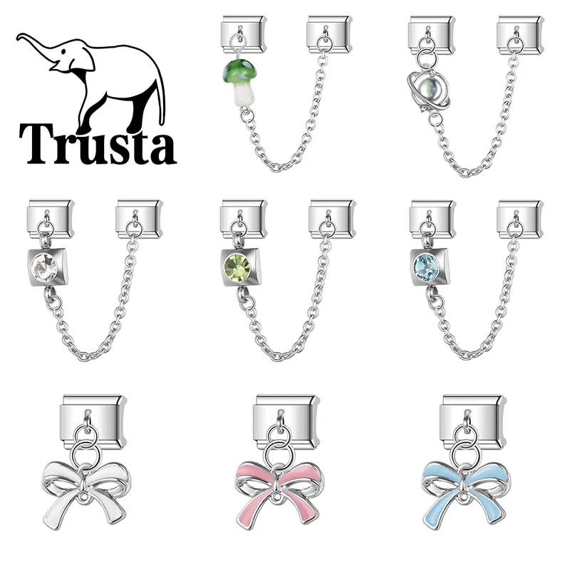 Trusta 2025 New Bowknot Chain Charm Italian Links 9mm Bracelet Stainless Steel for Women DIY Jewelry  Wholesale N430