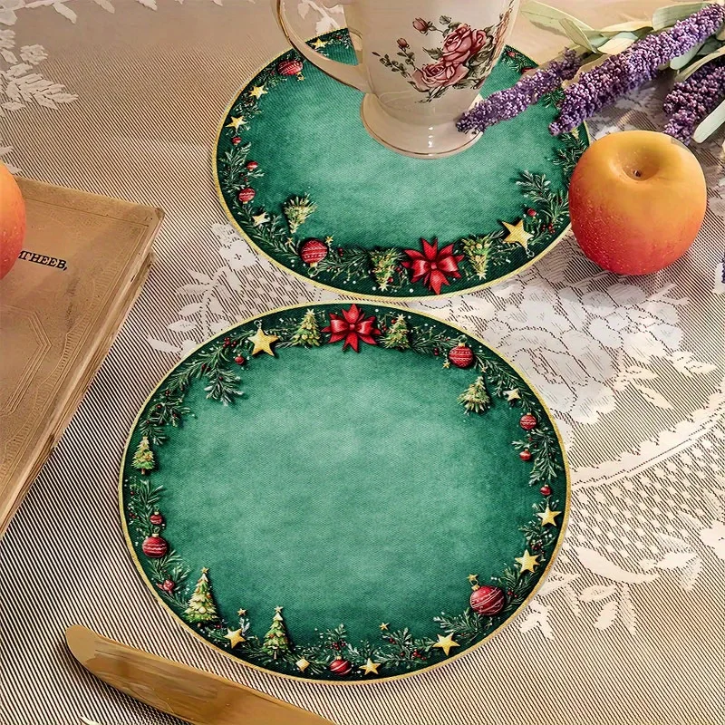 VIKAMA 4PC Christmas Green Gold Meal Mat Christmas Tree Red Bow Table Restaurant Christmas Party Decoration