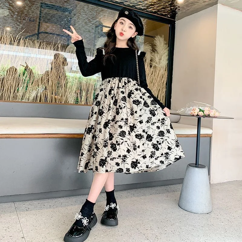 

Girls Dress Spring Autumn 2024 New Fashion Gown Big Children Flowers Print Vestidos Kids Long Sleeve Casual Clothing 4-14 Years