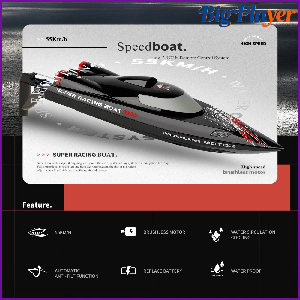 WLtoys WL916 High Speed RC Boat 2.4GHz Remote Control Racing Watercraft Max 55KM/H Speed Waterproof Speedboat Toy for Kids