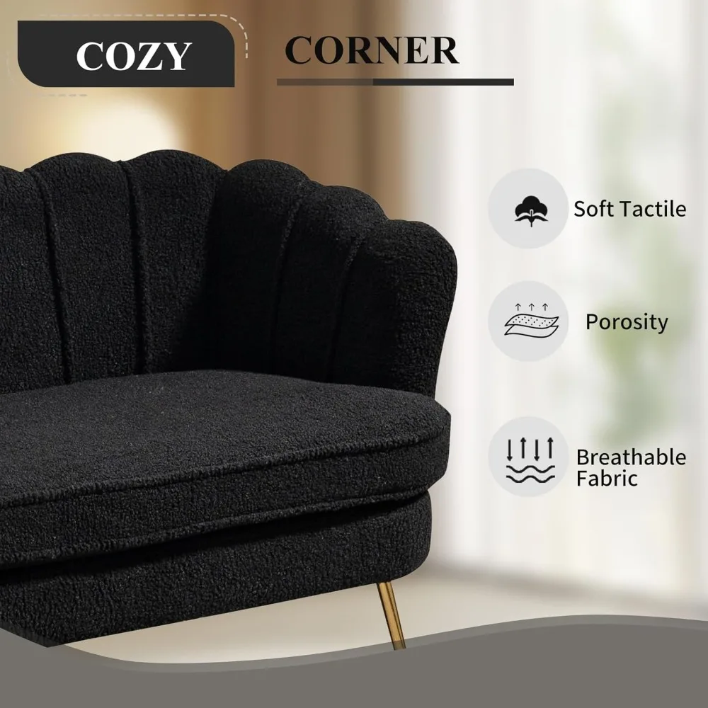 أريكة بمقعدين حديثة بتصميم بتلات، أريكة منجدة صغيرة بأرجل ذهبية، مثالية للترفيه والراحة في الغرف الصغيرة #4