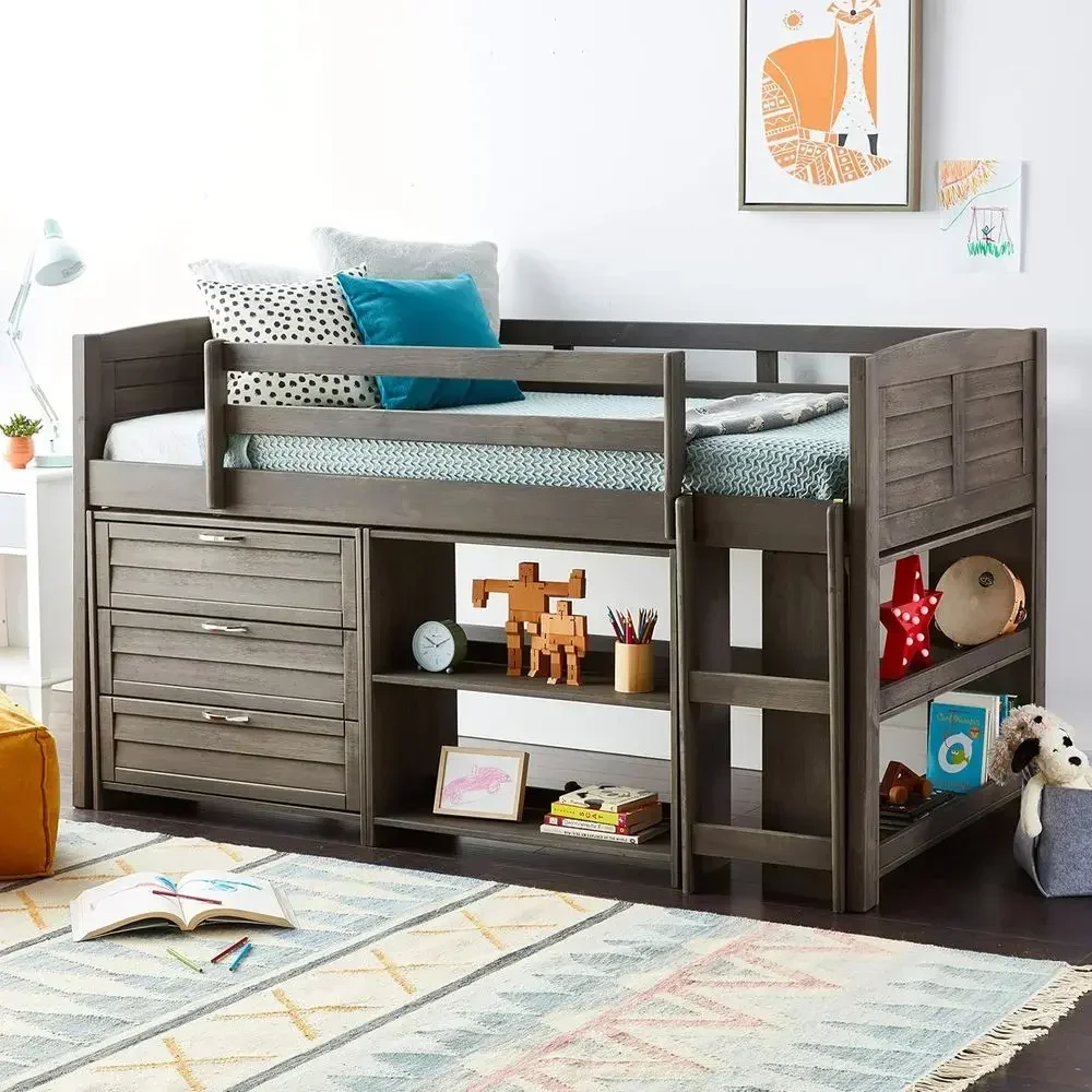 Twin Size Antique Grey Louvered Low Profile Bed for Kids - Group B