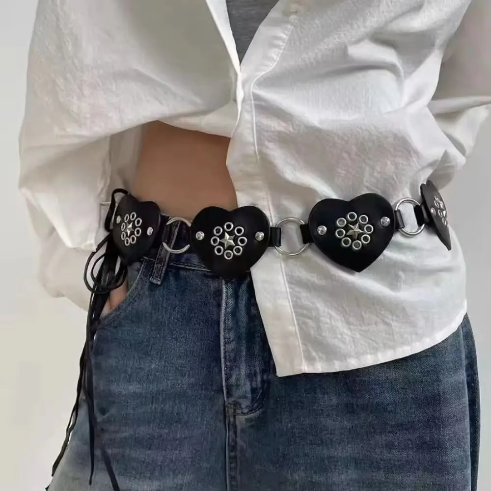 

Fashion Metal Rivet Belt Y2K Wide Heart Belt Goth Hollow PU Leather Waistband Dress