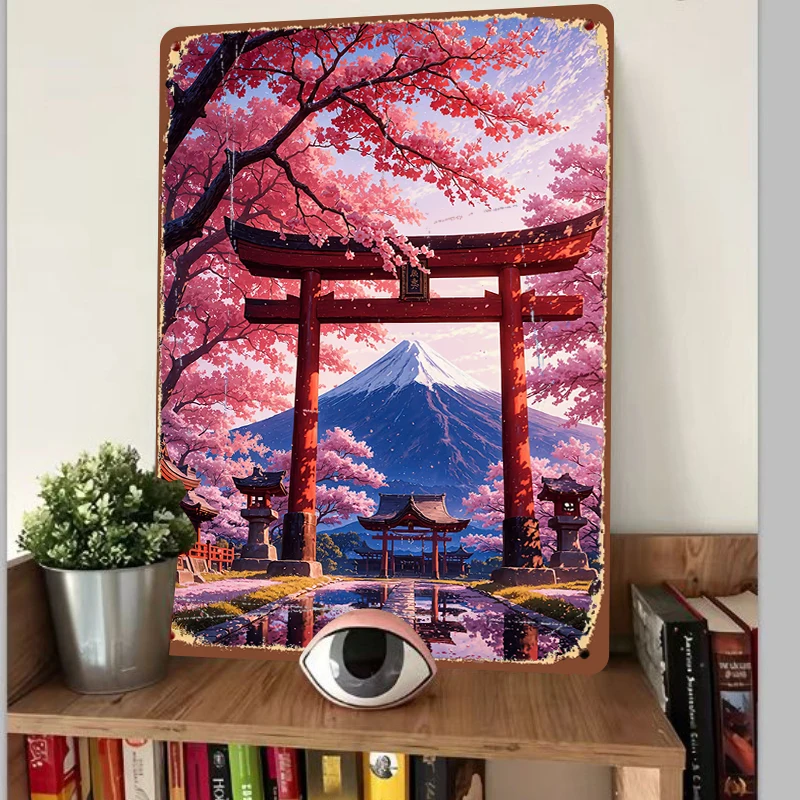 Japanese Fuji Mountain Cherry Blossom Torii Gate Scenery Metal Iron Painting Living Room Wall Art Decor