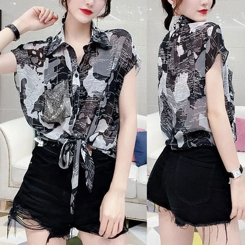 Female Clothing Fashion Pockets Diamonds Blouse Streetwear Summer Turn-down Collar Commute Casual Single-breasted Bandage Shirt