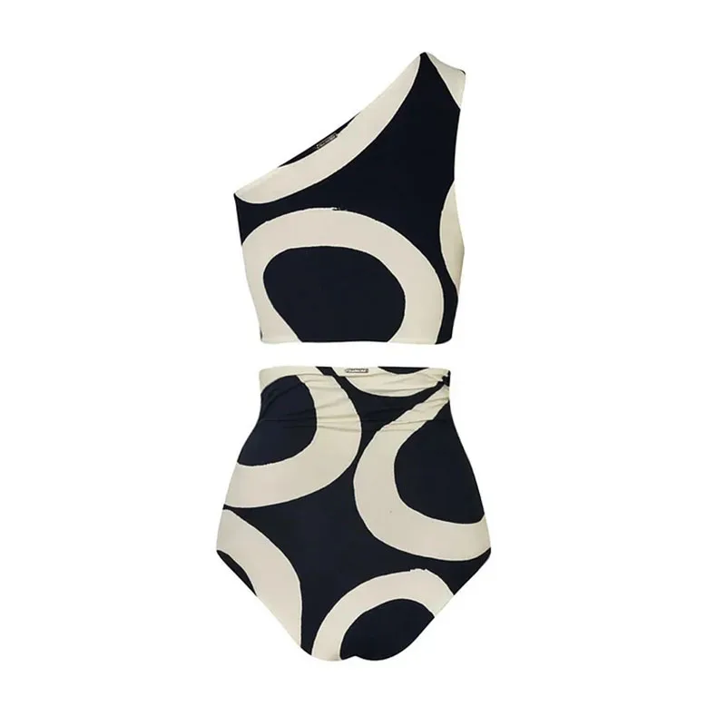 One-piece Women Swimwears Beach Vacation Print Swimsuit Beach Style Wear Skirt Single-Shoulder bikinihigh-Waisted