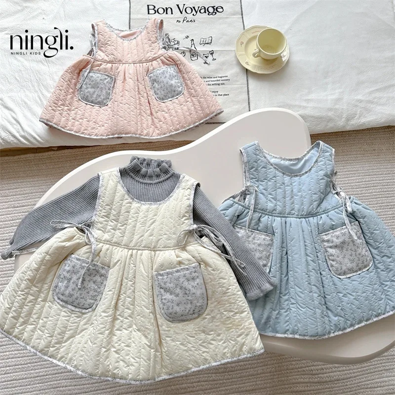 

Girls' Autumn Korean Vest Skirt All-Match Gray Undershirt Set Baby Girls' Fashionable Sweet Cotton-Padded Dress