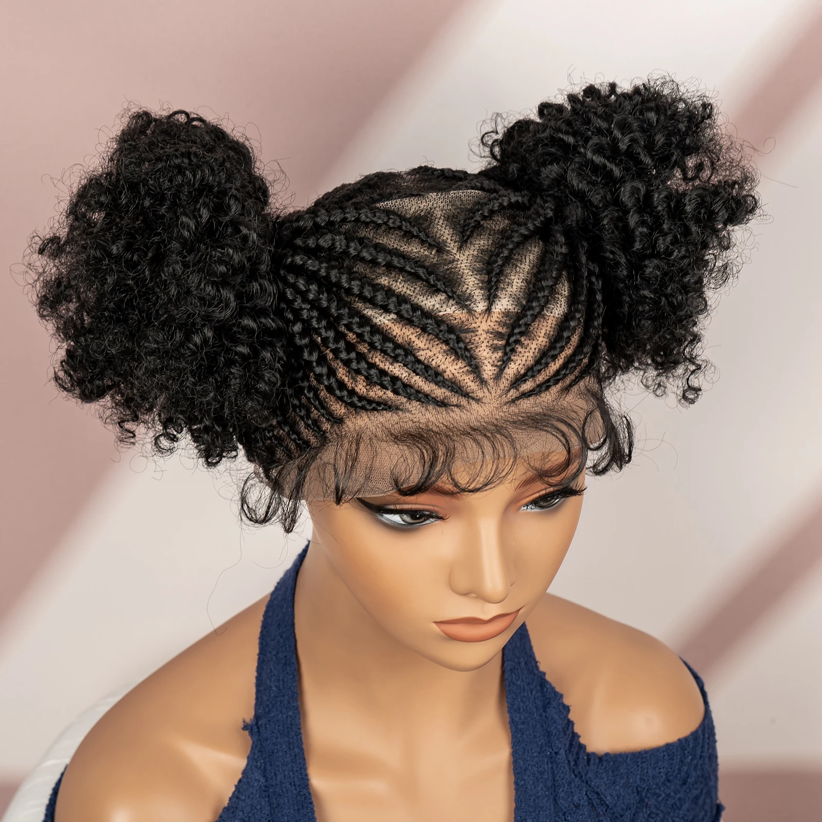 6 Inch Afro Cornrow Braided Wigs with Baby Hair Synthetic Full Lace Braid Wig Double Ponytail Bun Head Knotless Wig