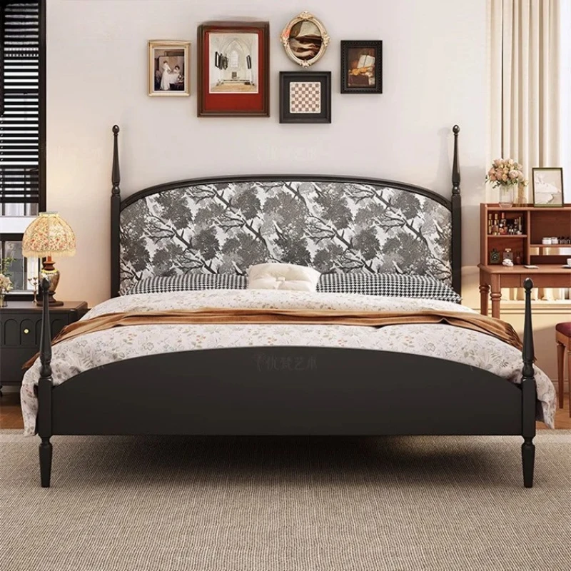 retro medieval solid wood bed soft double bed high-end printed bed