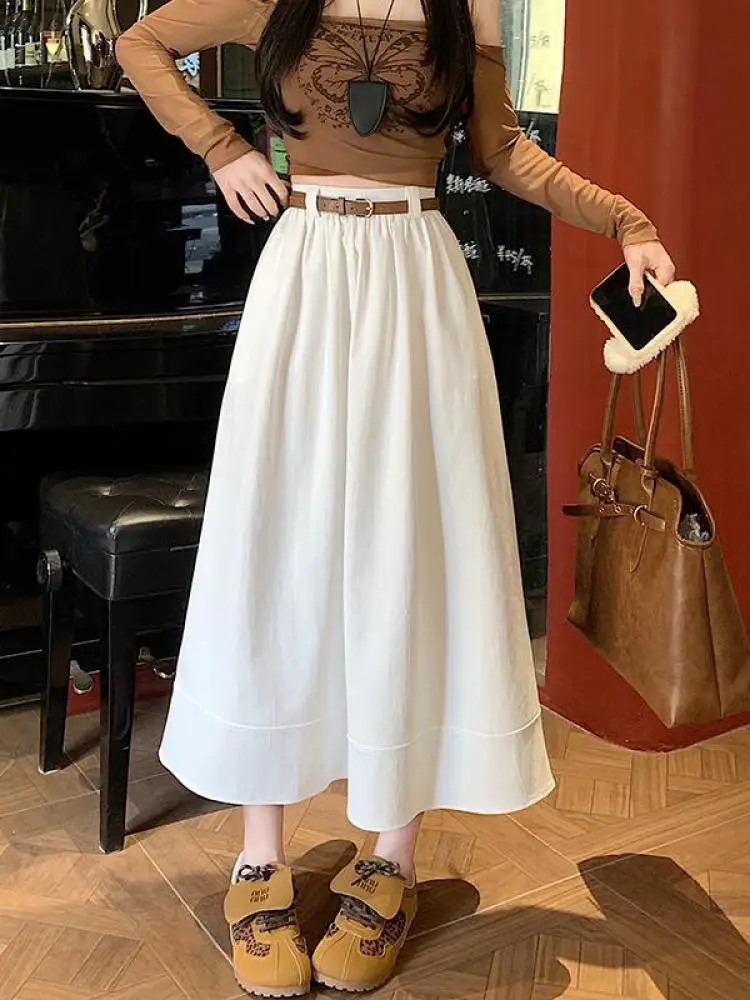 

Весна-лето, женская черно-белая элегантная длинная юбка, корейская версия, хаки, розовая, с высокой талией, для отдыха, вечеринки, плиссированная полуюбка, простая