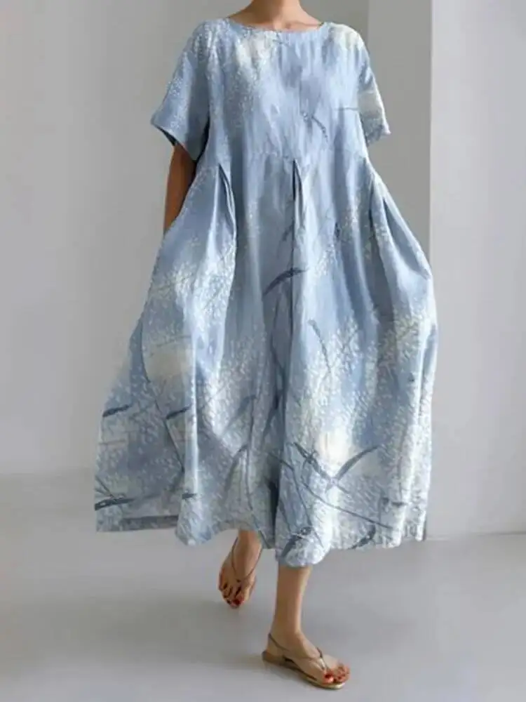 2025년 신상 여성 라운드 넥 롱 캐주얼 드레스 여름 대형 사이즈 신선한 물고기 프린트 드레스 스트리트 휴가 반소매 드레스 T4B7