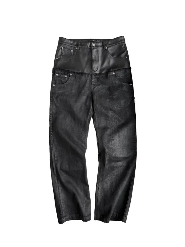 American Style Men's Jeans with Double Waist PU Splicing YKK Zipper Distressed Straight Leg Loose Fit Summer Casual Jeans