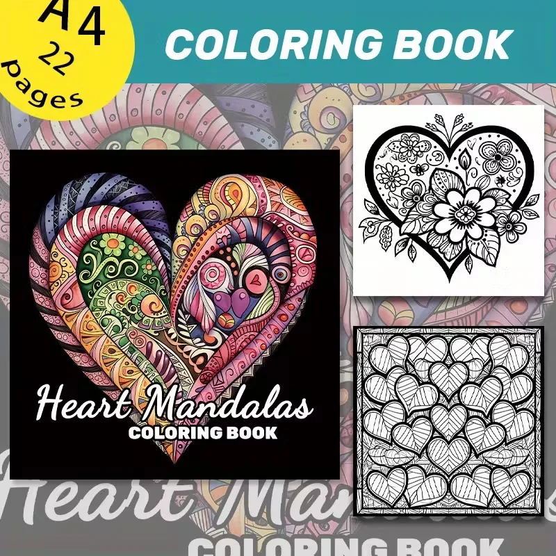 Libro de Colorear para Adultos con Mandalas de Corazones, 24 Páginas, Diseños Circulares Románticos, Terapia de Arte Relajante, Mindfulness, Regalo Creativo