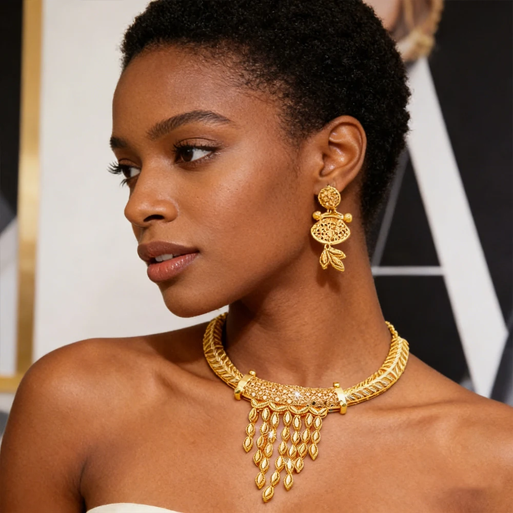 

Dubai Drop Earrings Women Design Necklace Jewelry Set Luxury Gold Color Necklace Earrings African Jewelry Wedding Gifts Party