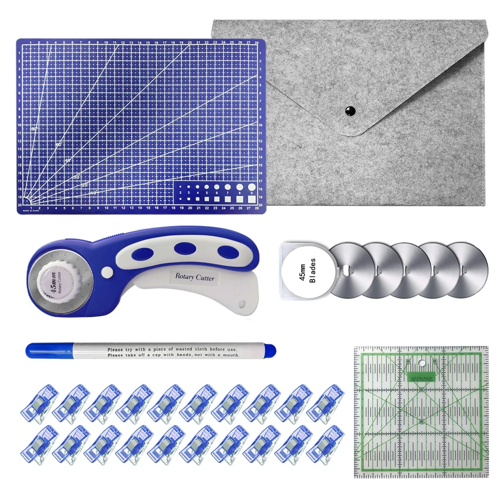 45-mm-Rotationsschneider-Set mit selbstschneidender A4-Matte, Acryllineal, Aufbewahrungstasche, Nähstift, Nähclip zum Quilten, Basteln