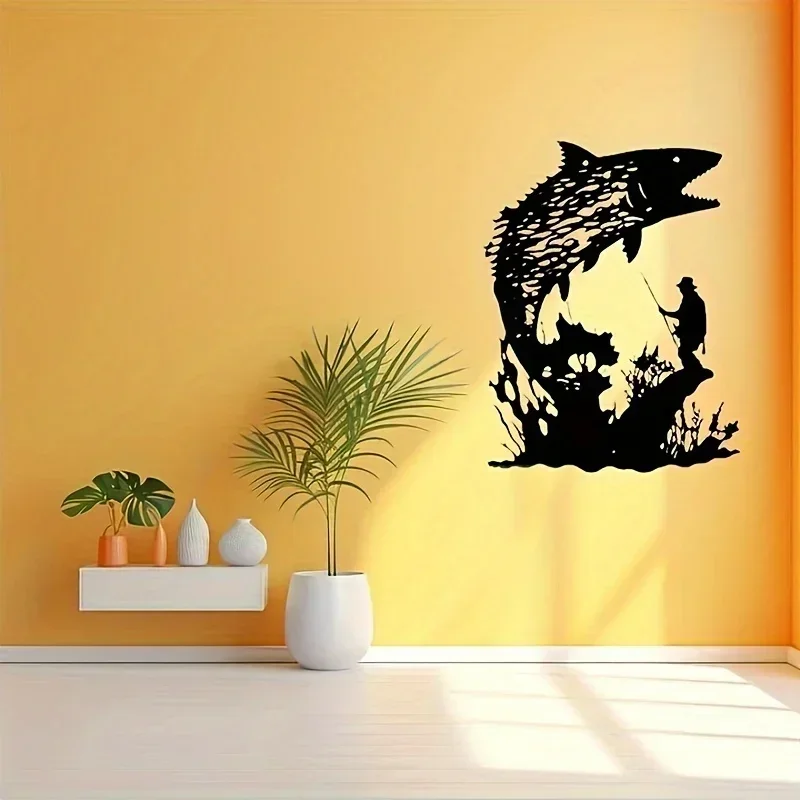 metal iron Fisherman and Fish Hollow Pattern Wall Stickers, Aesthetic Home Design, Irregular Graphics, Metal Crafts Interior Dec