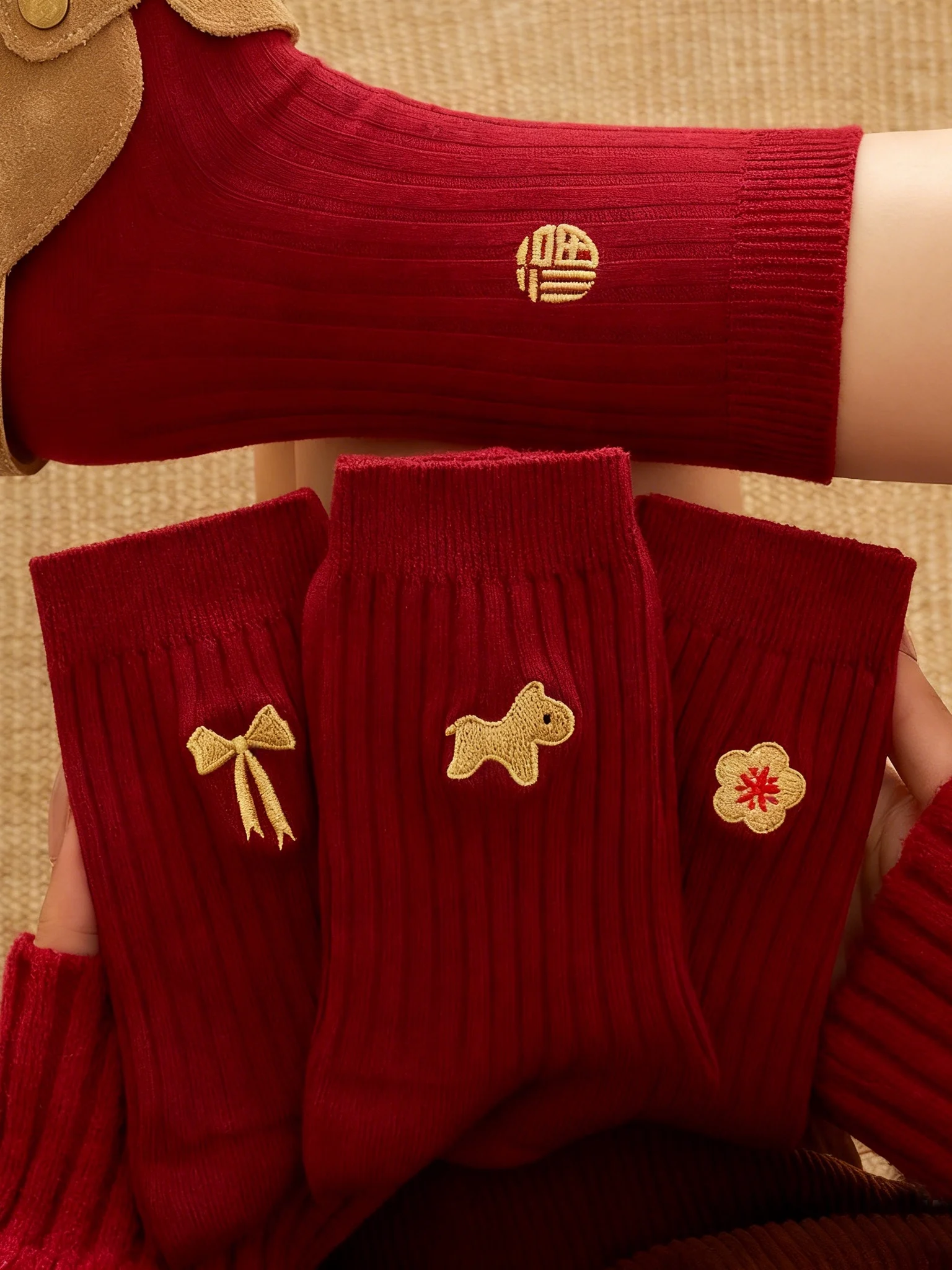 Embroidered Red Mid-Calf Socks for Women Warmth in the Autumn And Winter Months Perfect for the Year of the  And New Year