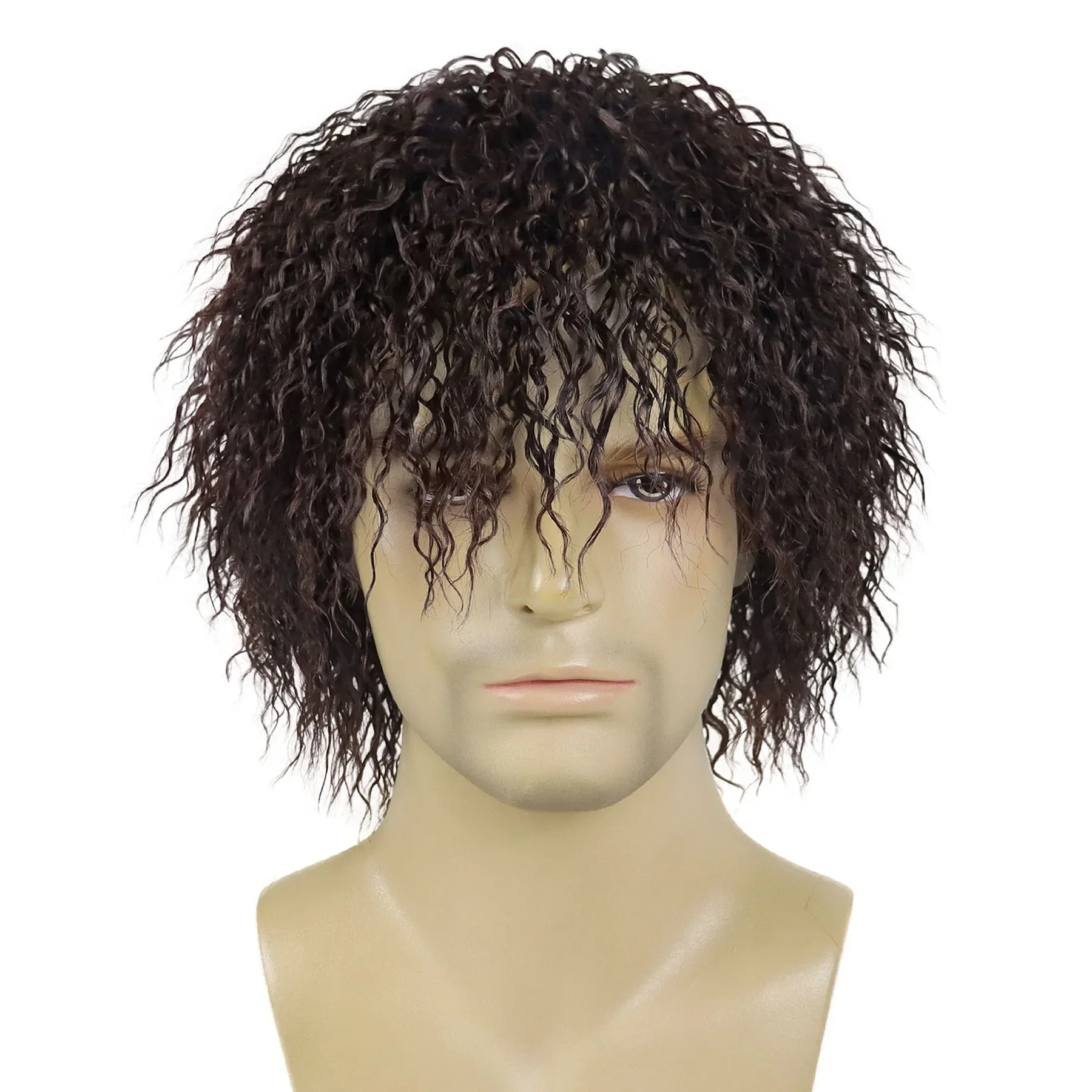 GNIMEGIL Synthetic Short Brown Wig for Men Afro Messy Perm Curly Haircut Handsome Cool Wig with Bangs Cosplay Carnival Party