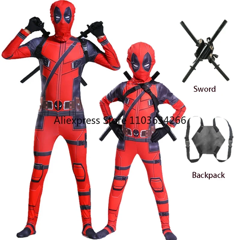 

Adult Deadpool Costume Men Women Kids Cosplay Mask Suit Jumpsuit Backpack Knif Accessories Superhero Halloween Costume Child