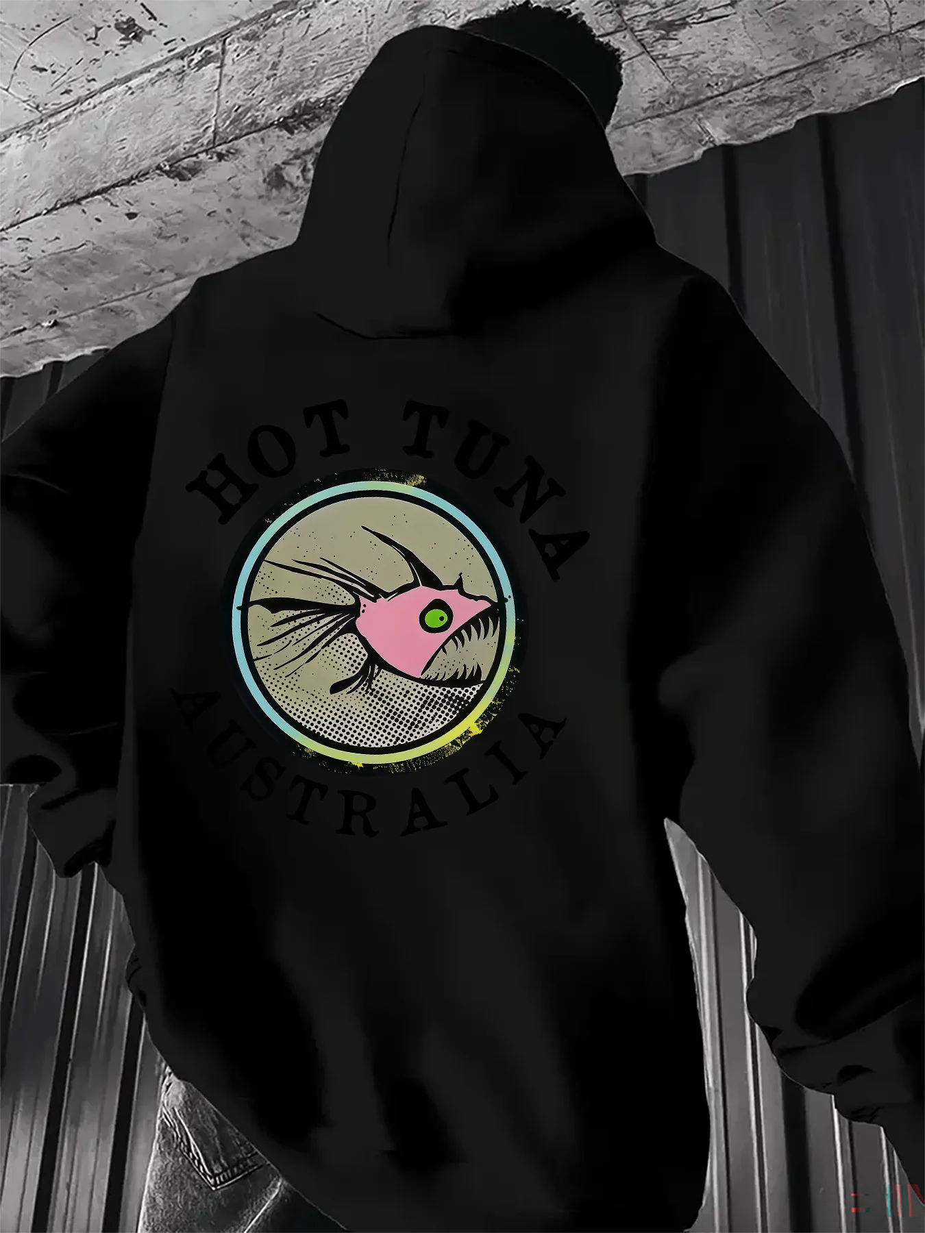 Men's Autumn/Winter Australian Retro Tuna Print Soft and Warm Insulated Loose-Fitting Casual Sporty Commuting Hoodie