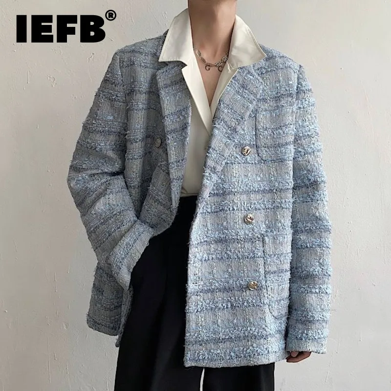 IEFB Double Breasted Men's Coat Loose Thickened Tweed Suit 2023 Spring Autumn Casual Korean Fashion Male Blazer 9A6778