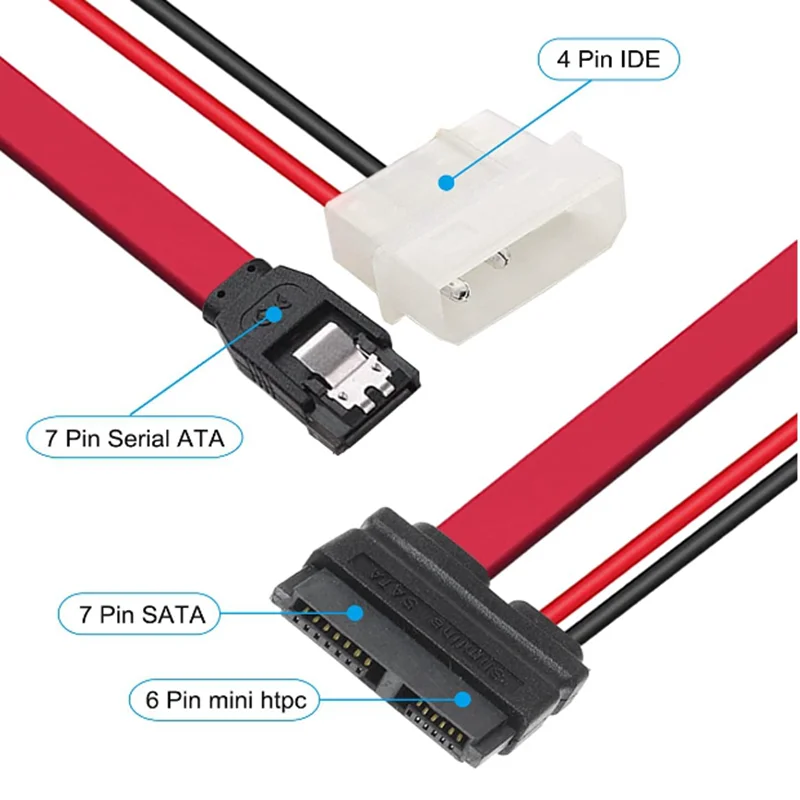 Slimline SATA Female, 13 Pin 7 Pin SATA Data Cable + 6 Pin Slimline Power Adapter Cable to LP4 Power Cable 7 Pin SATA Data Cable