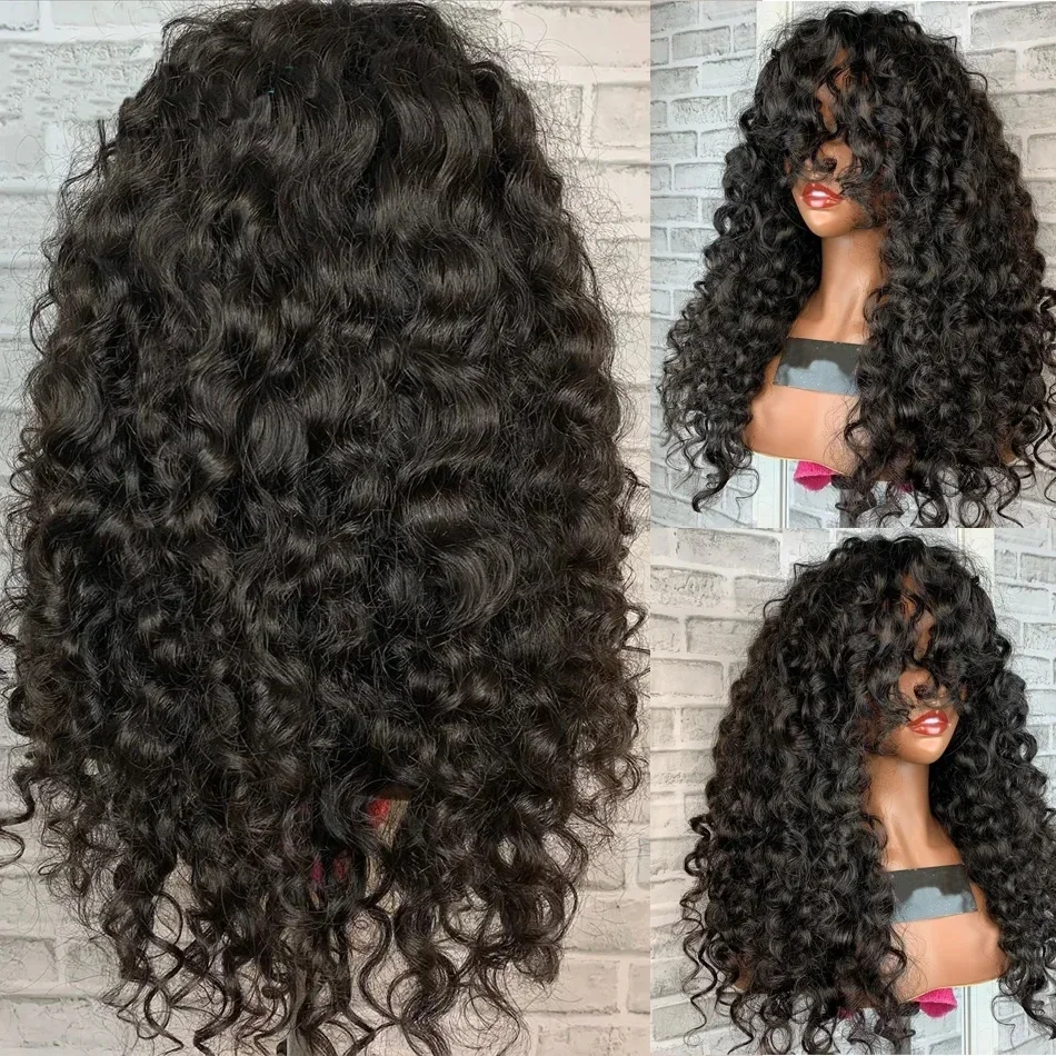 24 Polegada macio longo 180 densidade sem cola natural preto kinky encaracolado máquina peruca para mulheres com franja cabelo do bebê preplucked natural