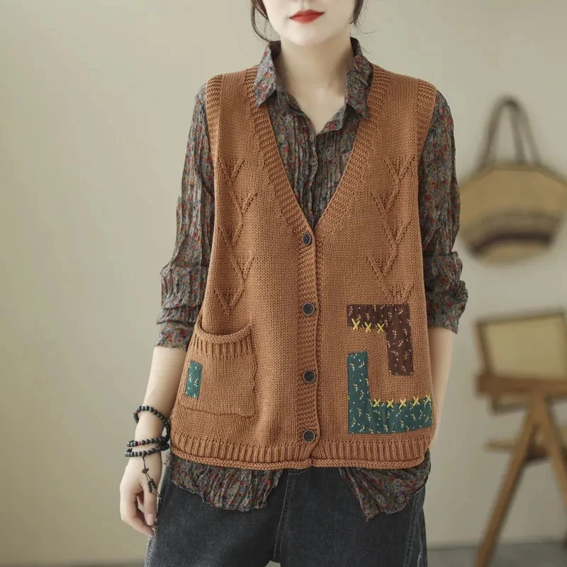 New Literary Retro Patch Solid Color Single-Breasted Vest Vest Loose V-neck Sleeveless Cotton Knitted Pocket Coat Vest Jacket