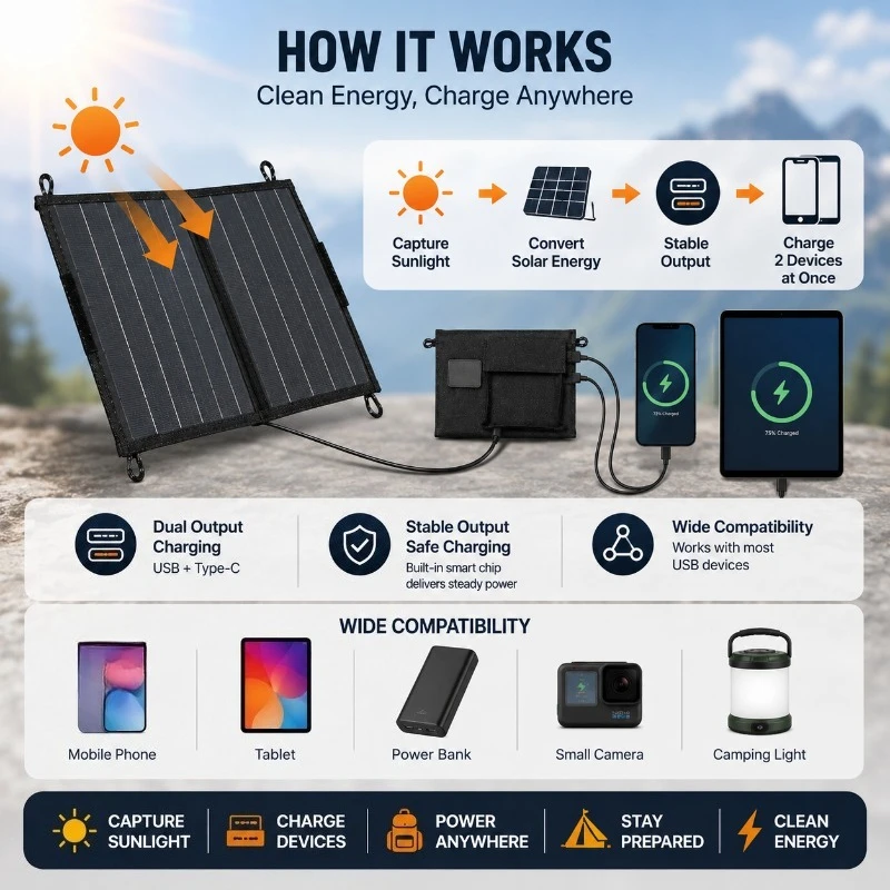 10W Portable Solar Charger Foldable with Dual USB & Type-C Output Compact Solar Power Bank for Outdoor Camping Hiking Emergency