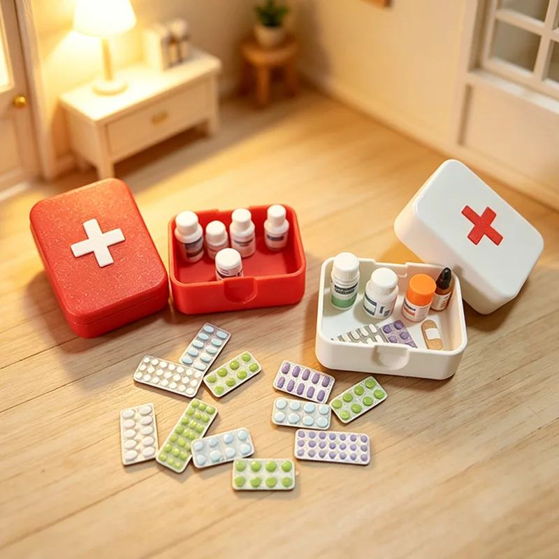 Mini Fake Medicine Cabinet Set Bandages Pills Medical Supplies Miniature Healthcare Scene Food Scene Props Desktop Decoration
