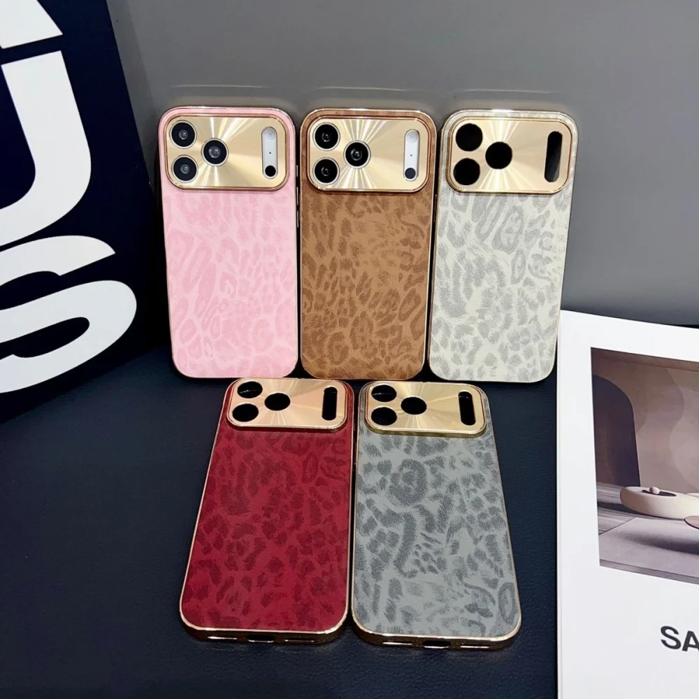 Galvanisierte Leopardenmuster-Handyhülle für Apple iPhone 17 16 15 14 13 12 11 Pro Max Plus Air aus weichem PU-Leder mit Kameralinsenabdeckung