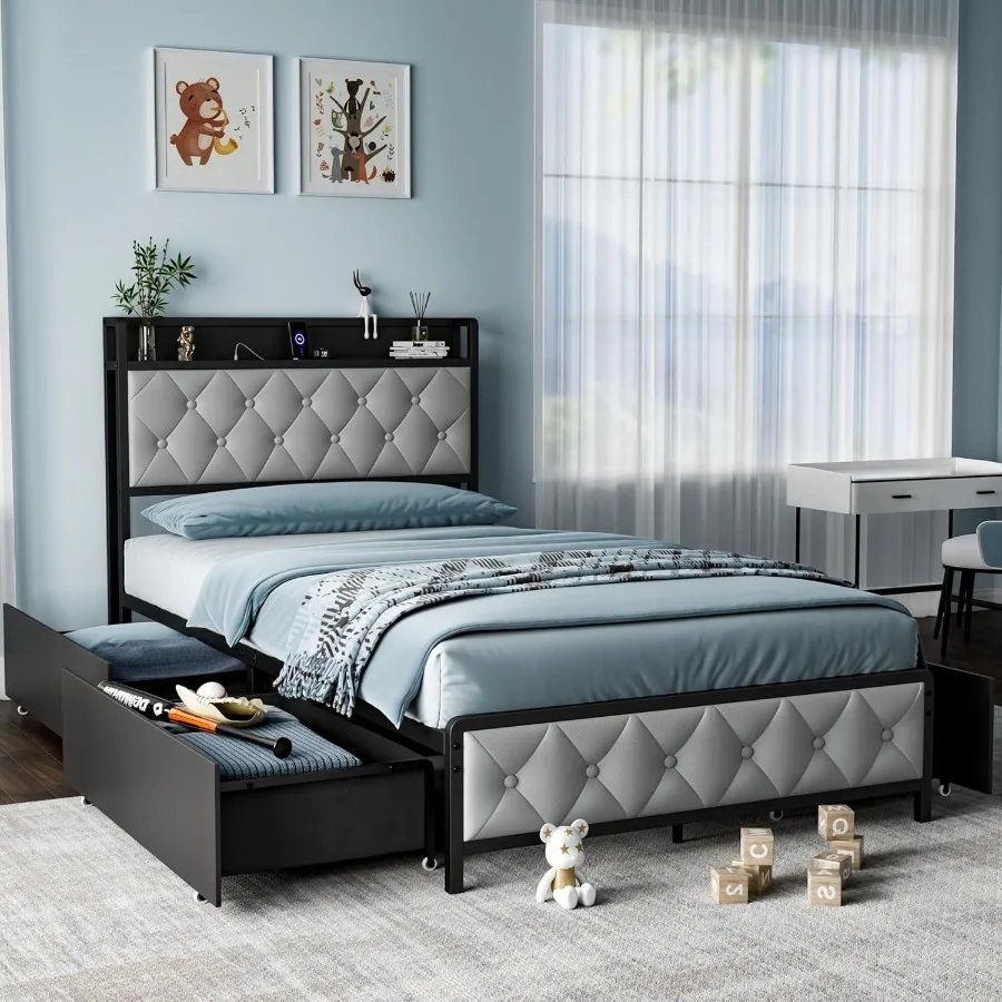Twin Bed Frame with Button Headboard PU Leather AllMetal port Platform Twin Bed with Storage and Outlets Easy to Install Stable