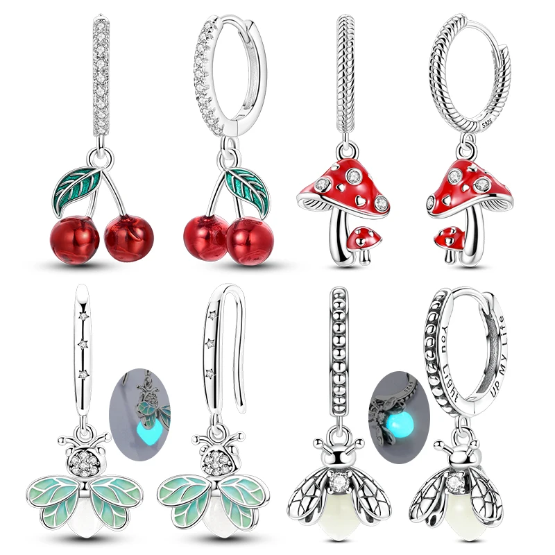 Pendientes de plata de ley 925 con forma de seta brillante, luciérnaga, cereza, abeja, pendiente para mujer, boda, compromiso, fiesta, regalo de joyería de moda