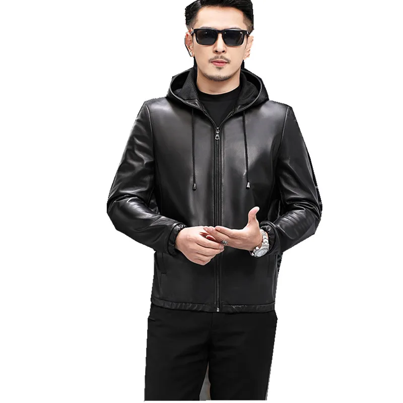 Men\'s Sheepskin Leather Jackets, Motorcycle Hoodie, Handsome Short Jacket, Spring and Autumn Coats, New