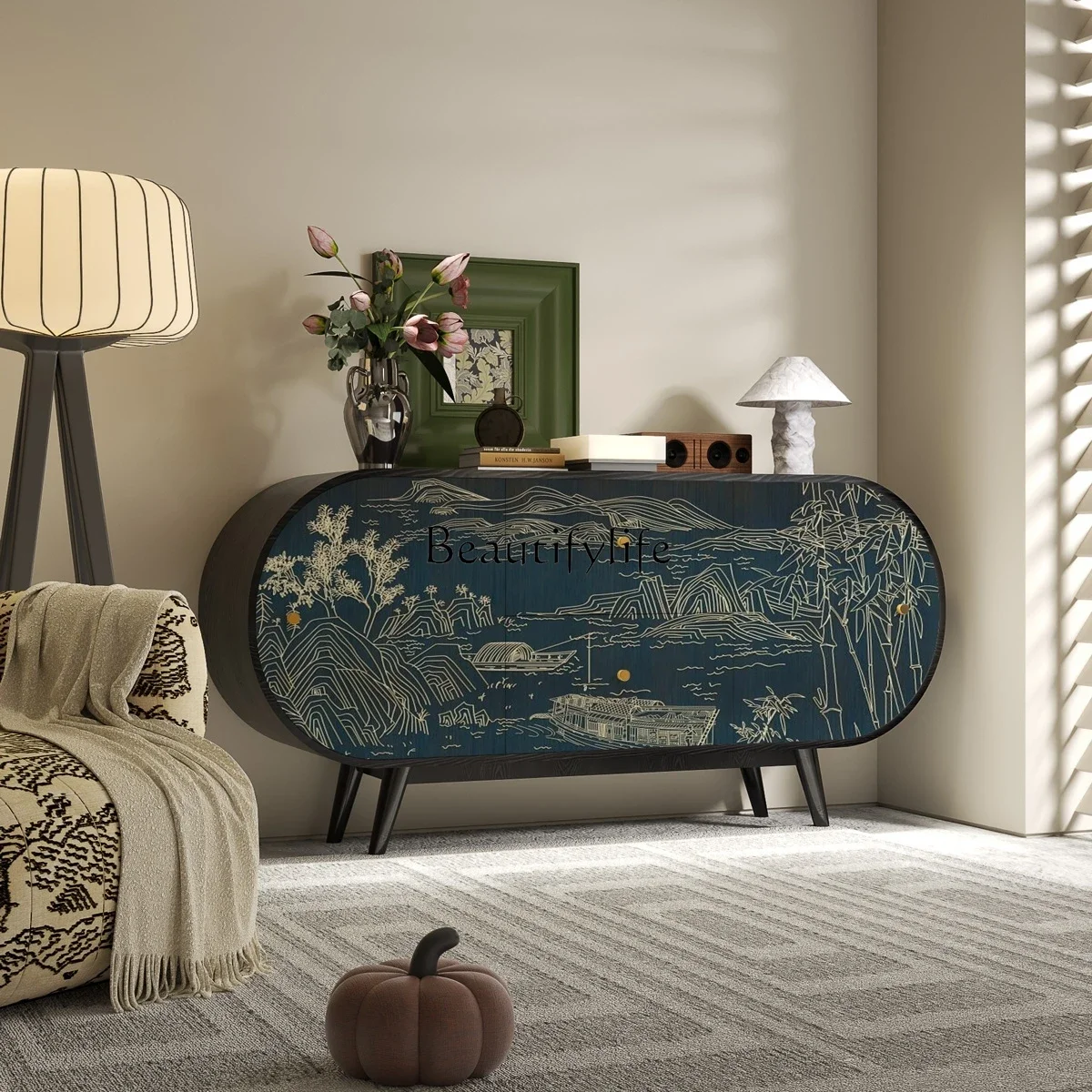 

pg45New Chinese-style solid wood oval entrance cabinet against the wall, living room room shoe cabinet