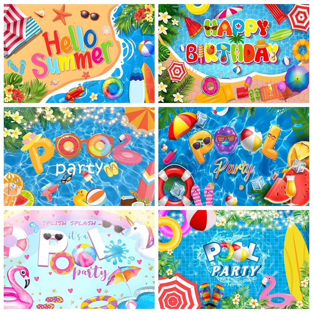 

Summer Hawaiian Pool Party Backdrop Swim Ring Swimming Beach Ball Flamingo Baby Birthday Photography Background Photo Studio