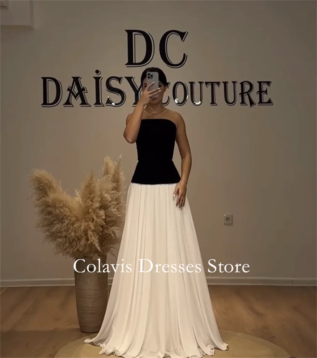 

OIMG Dubai Strapless Customized Chiffon Prom Dresses Evening Dress Black White A-Line Women Evening Gowns Formal Party Dress