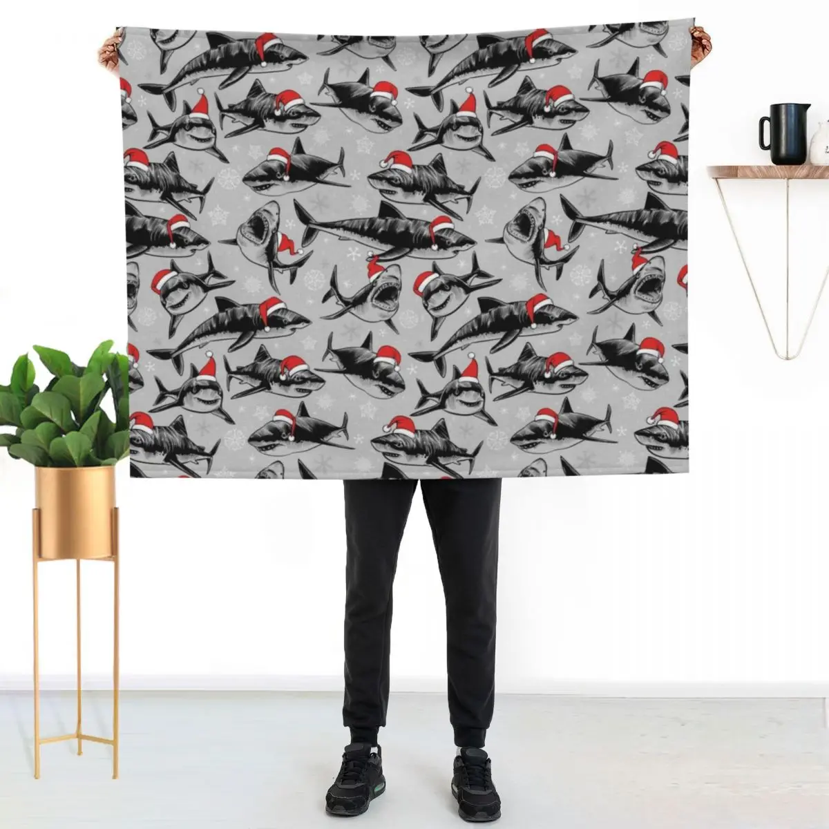 Santa Sharks Throw Blanket Luxury Brand Blankets For Baby Blankets For Bed blankets and throws Hairy Luxury Designer