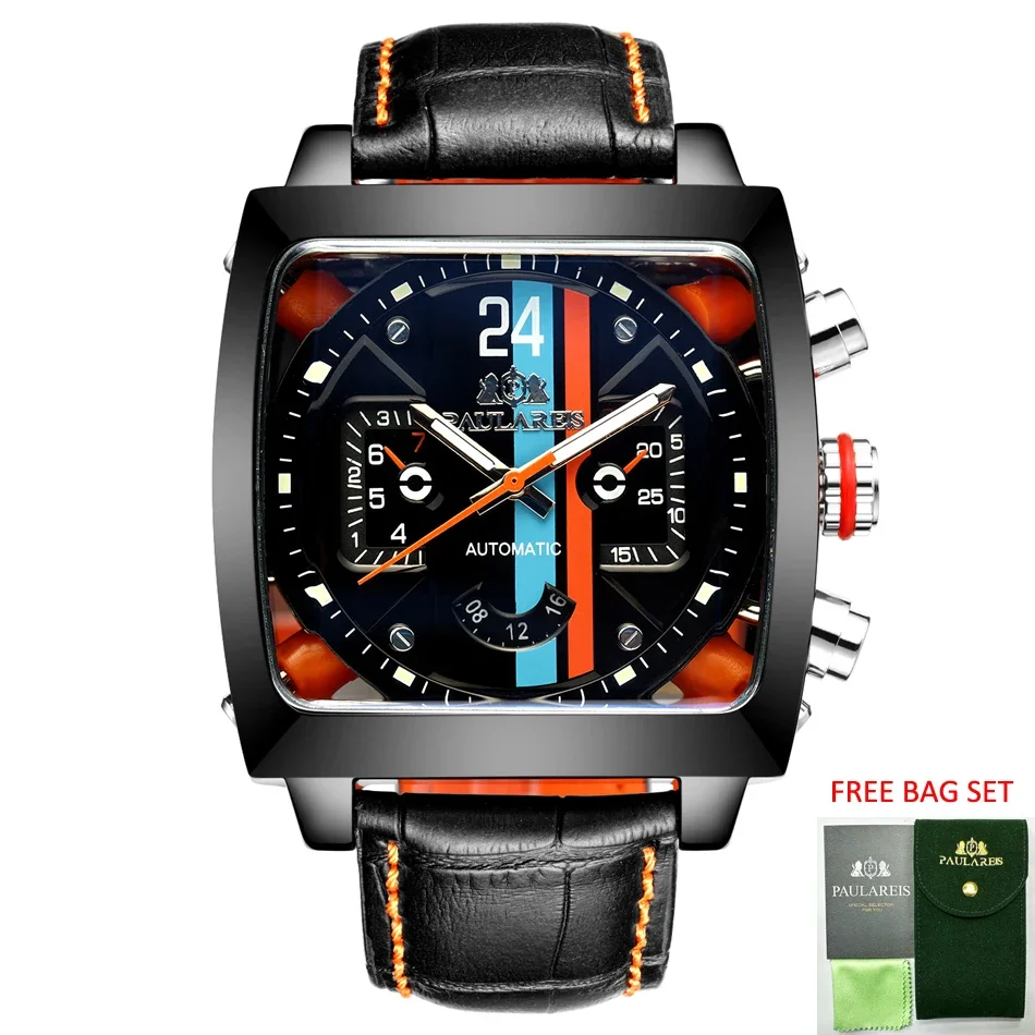 Automatic Watches for Men Mechanical Genuine Leather Stainless Steel Black Orange Blue Casual 40mm Perspective See Through Watch