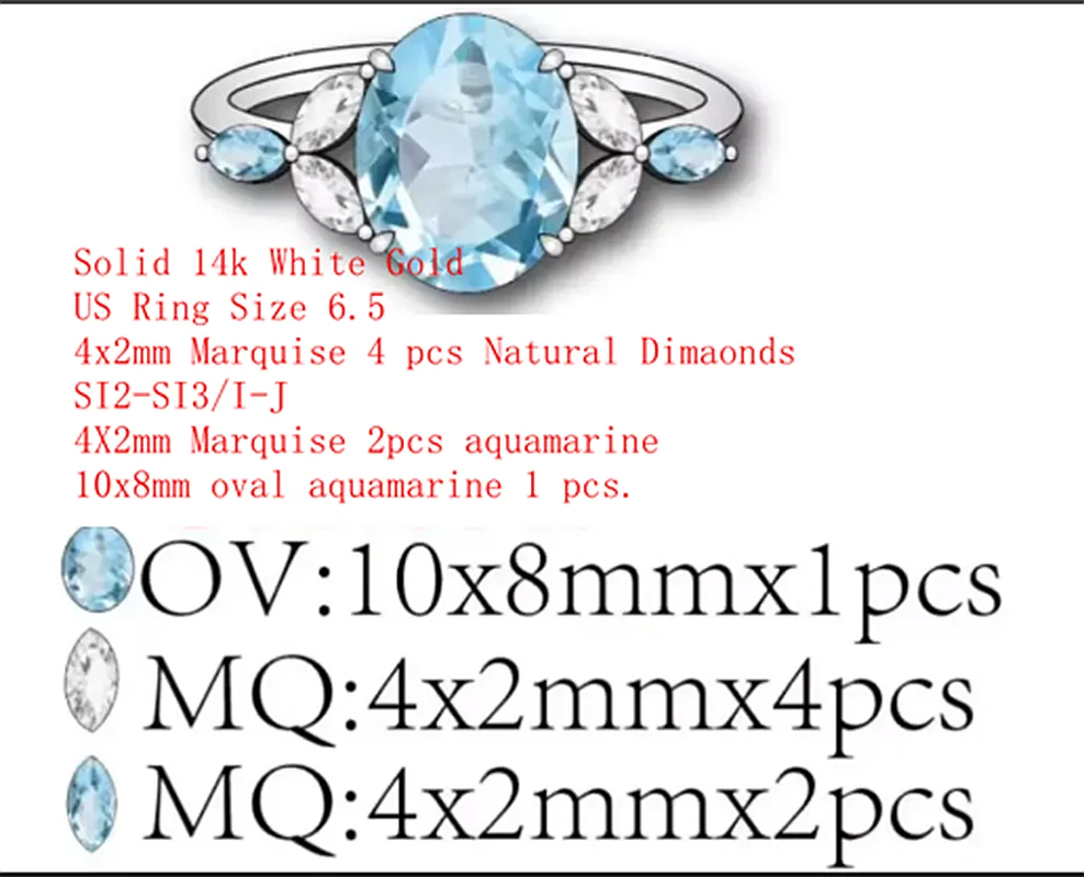 Solid 14k White Gold Aquamarine Natural Diamonds Engagement Wedding Ring