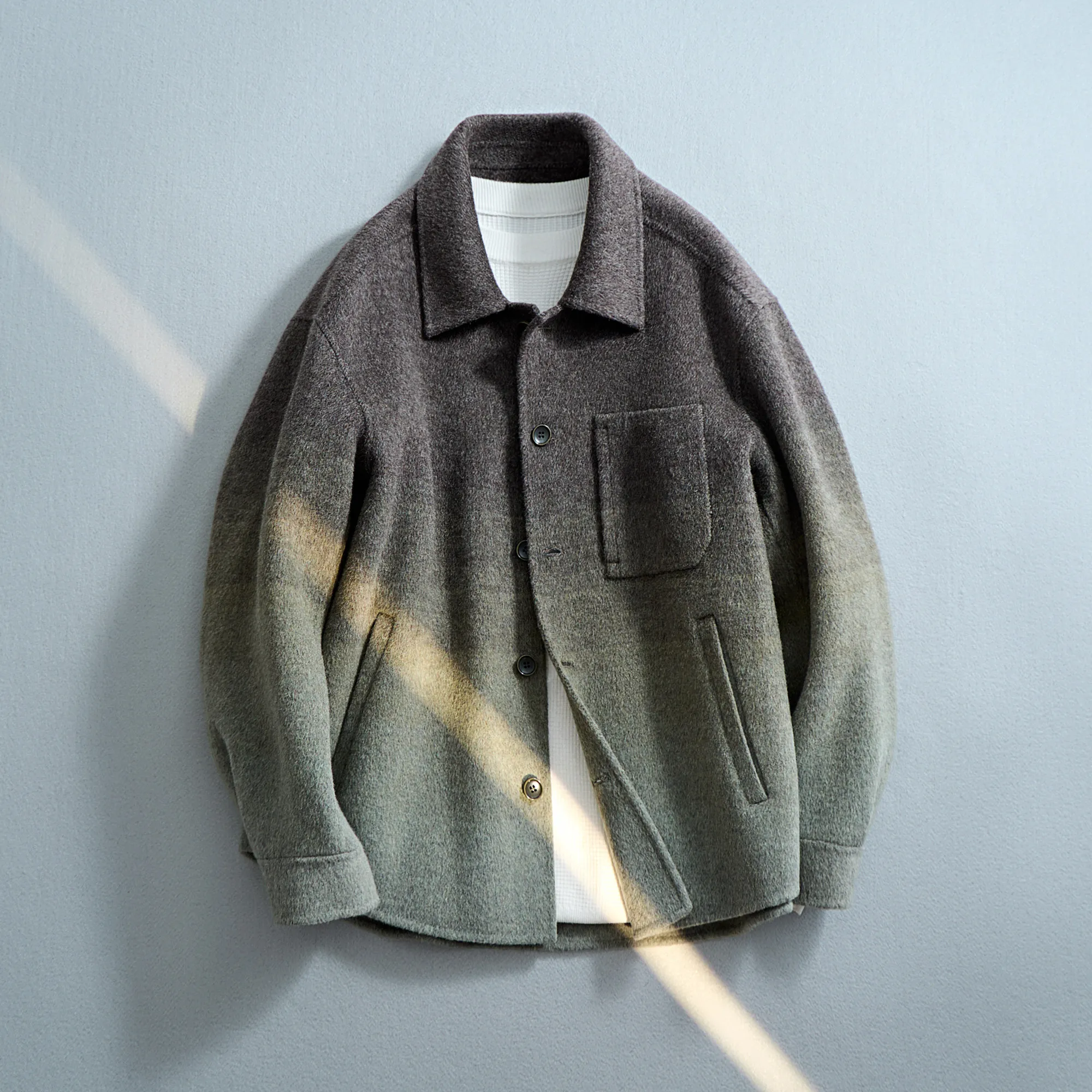 Autumn Winter Men Gradient Wool Blend Shirt Jacket Lapel Collar Single Breasted Button Short Woolen Coat Loose Casual Outerwea